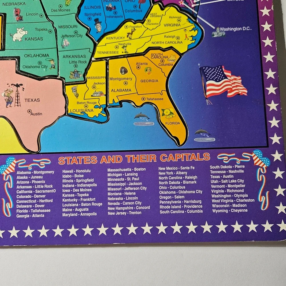 Vintage USA Map Wooden Tray Puzzle States and Their Capitals Educational Toy